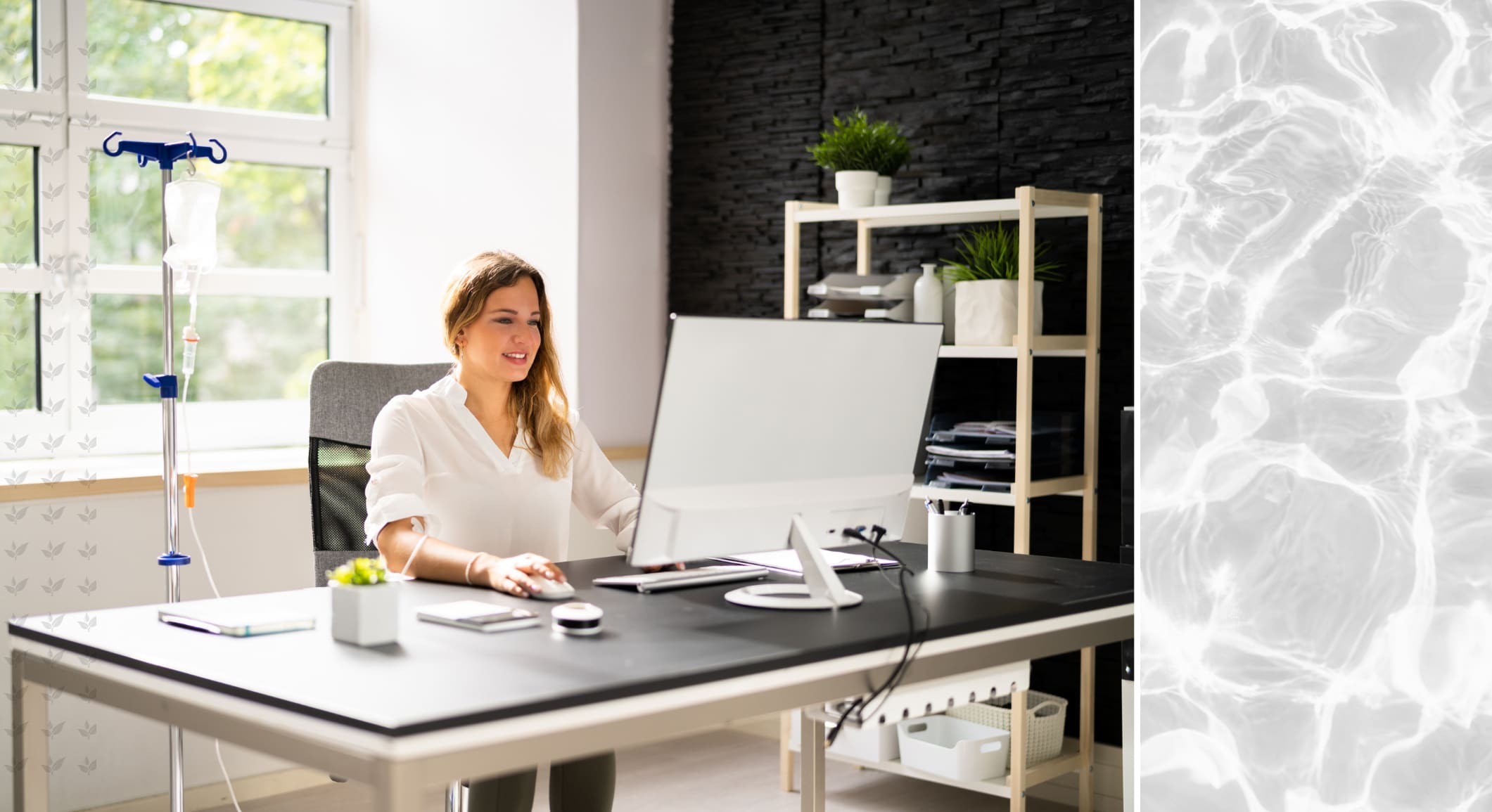 Woman sitting on a workdesk while receiving an IV